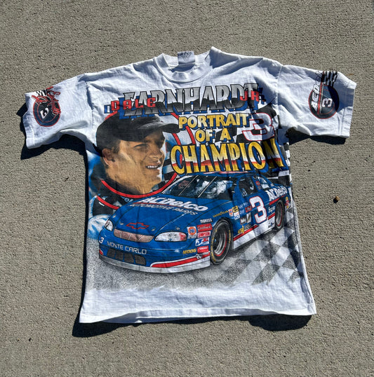 Vintage 1998 NASCAR "Portrait of a Champion" DALE EARNHARDT JR Graphic Racing All Over Tee Size L