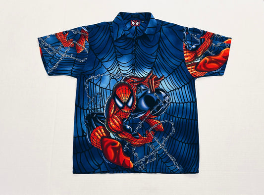 Vintage RARE 2002 Official Spider-Man All Over Button Up Graphic Tee Size M