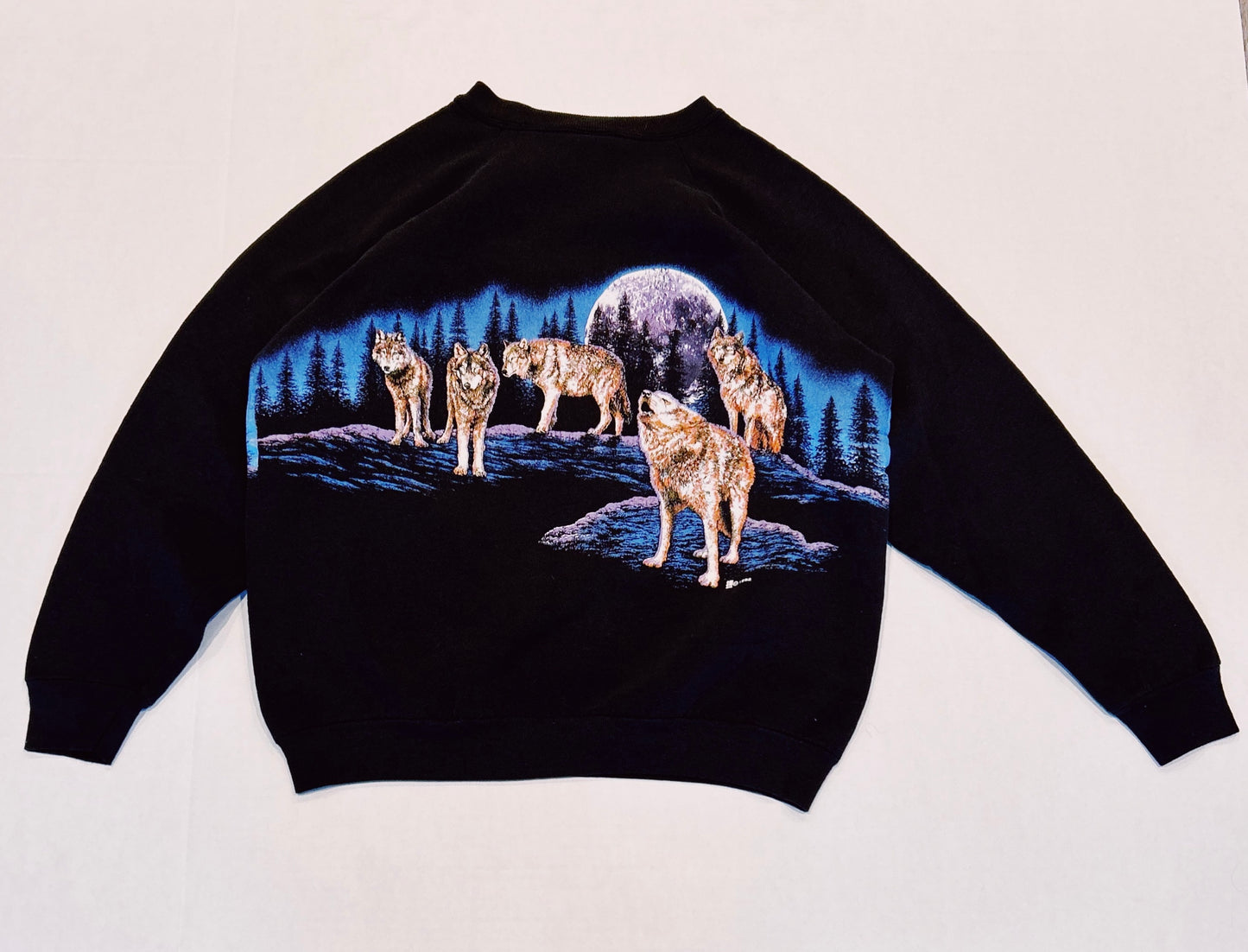 Vintage 1992 LAKE TAHOE Wolves Moonlight All Over Print Crewneck Sweatshirt Size L