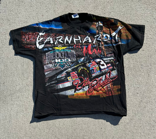 Vintage 1999 NASCAR Brickyard 400 DALE EARNHARDT "The Man" All Over Print Graphic Racing Tee Size XL