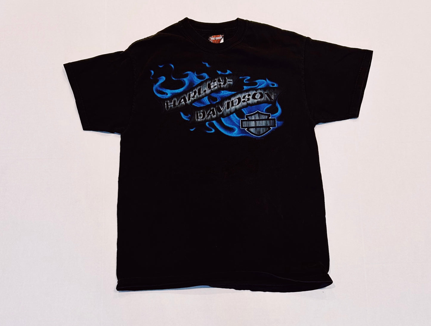 2006 HARLEY DAVIDSON Motorcycles Graphic Zook's 25th Anniversary Des Moines Iowa Blue Flame Tee Size M