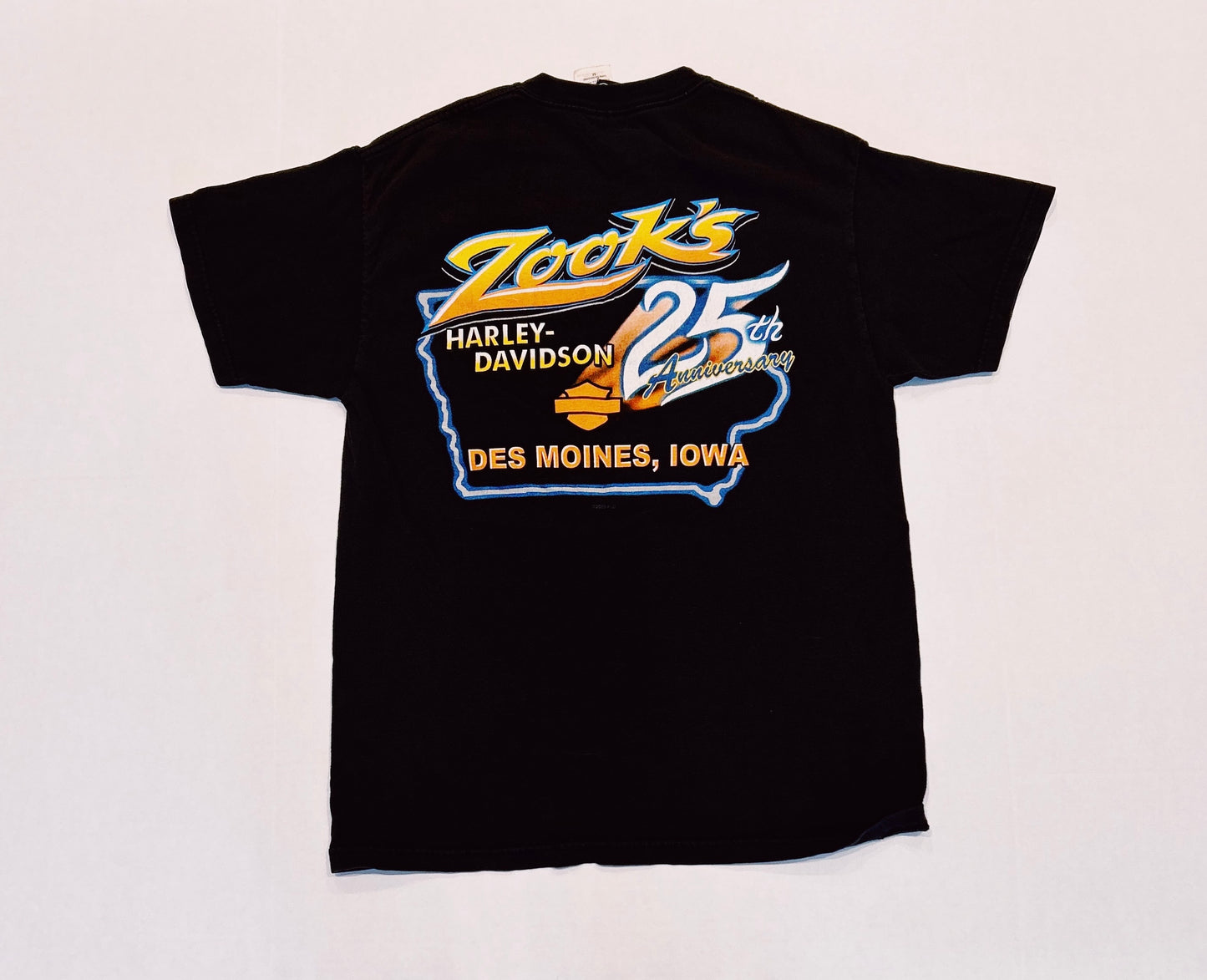 2006 HARLEY DAVIDSON Motorcycles Graphic Zook's 25th Anniversary Des Moines Iowa Blue Flame Tee Size M