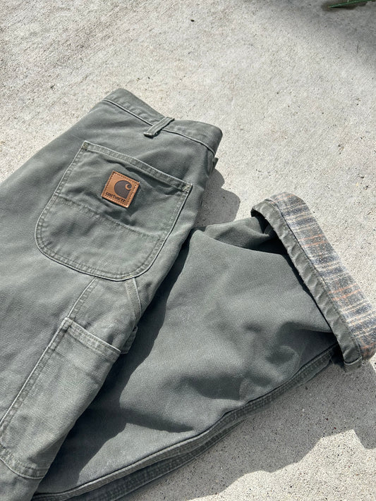 Vintage CARHARTT Moss Green Flannel Lined Carpenter Work Pants Size 36x30