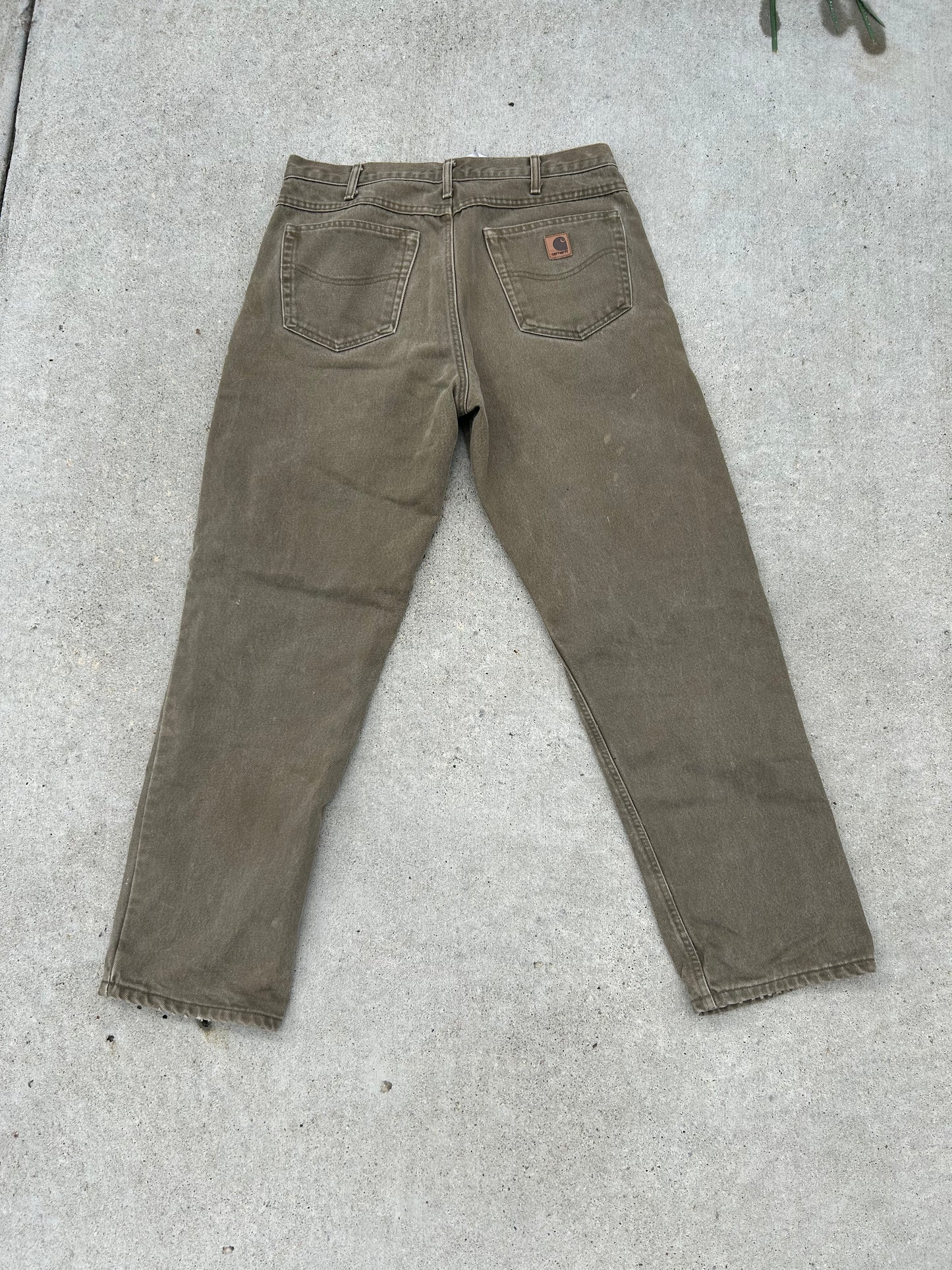 Vintage CARHARTT Bark Green Flannel Lined Heavy Carpenter Jean Pants Size 34x32