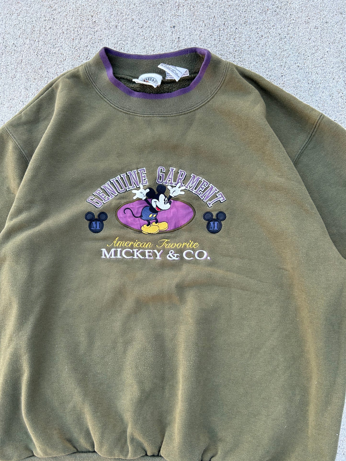 Vintage MICKEY MOUSE & CO Genuine Garment Olive Green W/ Purple Patches Size XL