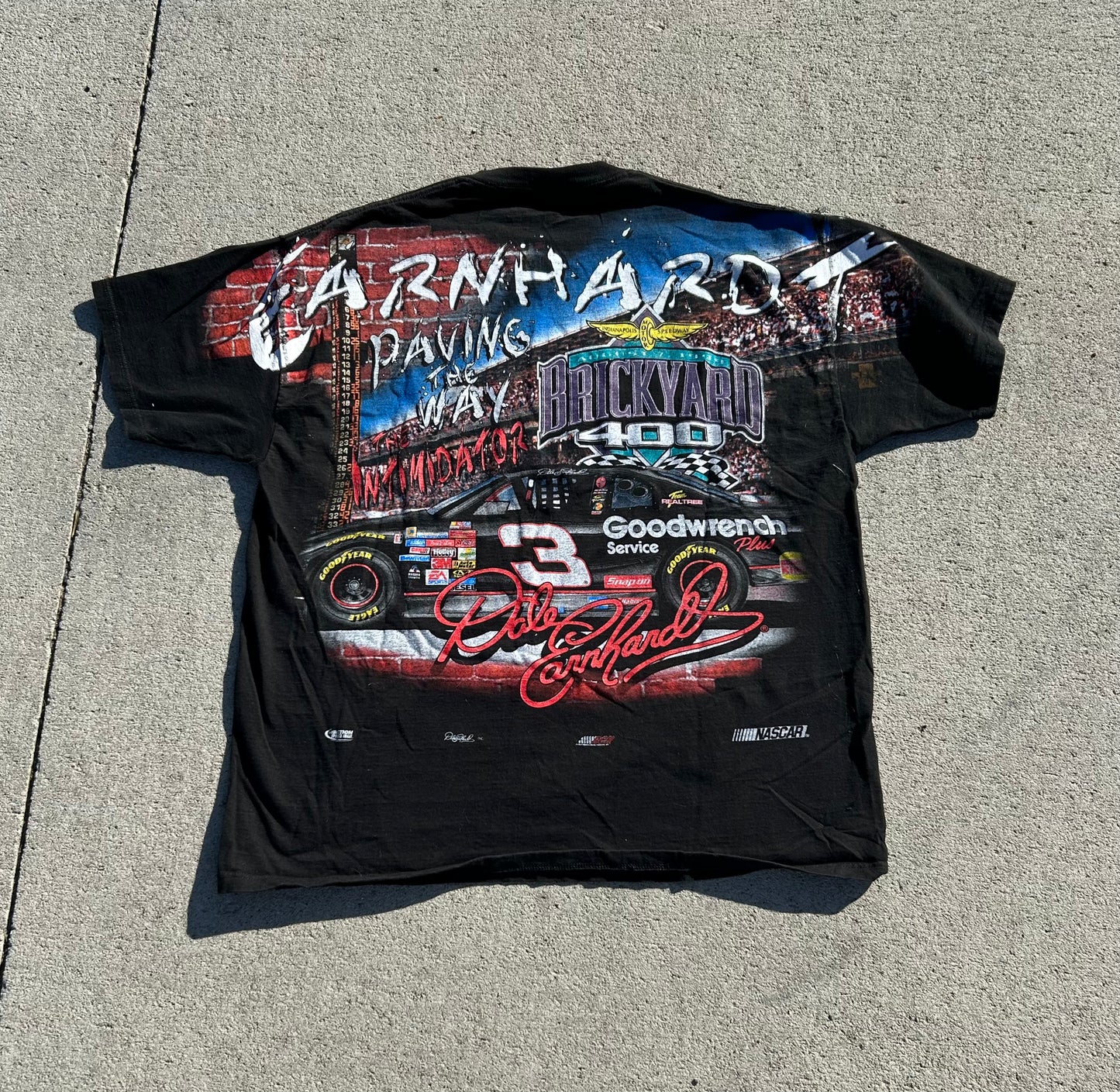 Vintage 1999 NASCAR Brickyard 400 DALE EARNHARDT "The Man" All Over Print Graphic Racing Tee Size XL