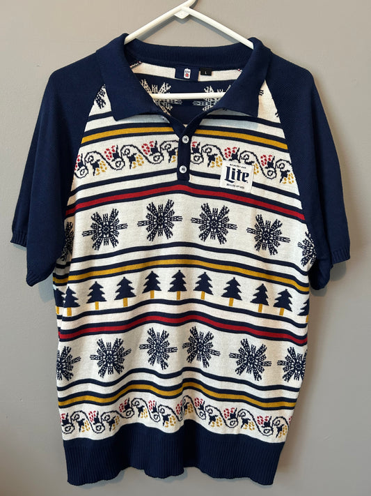 MILLER LITE Beer Christmas Holiday Sweater Polo Size L